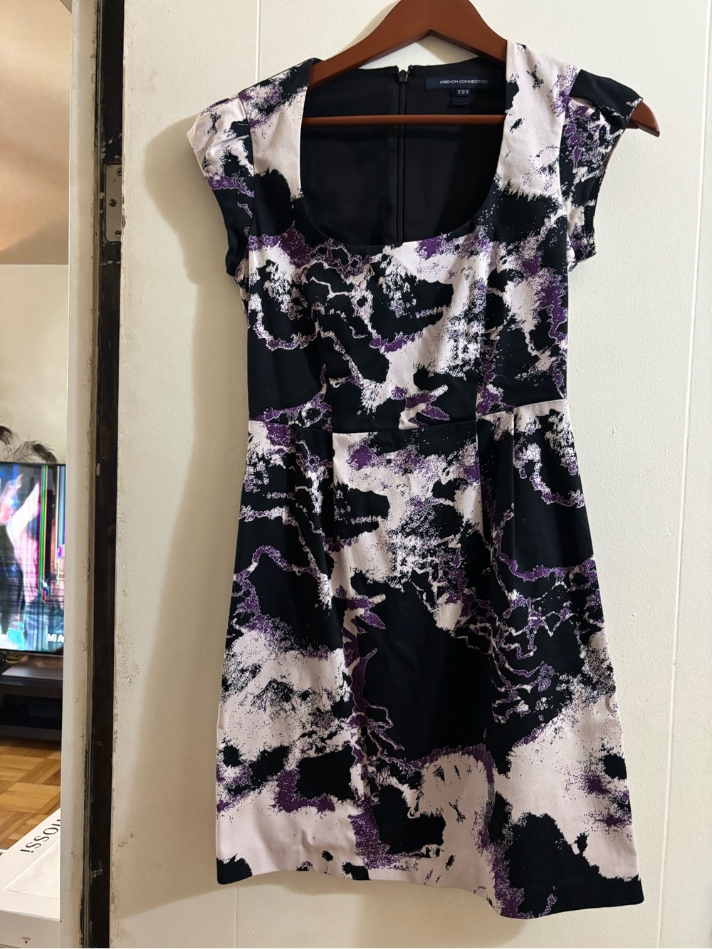 French Connection Abstract Cap Sleeve Dress in Black, White & Purple